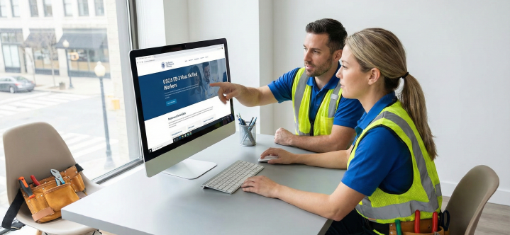 Skilled workers reviewing EB-3 Green Card eligibility and USCIS requirements on a computer during an immigration consultation.