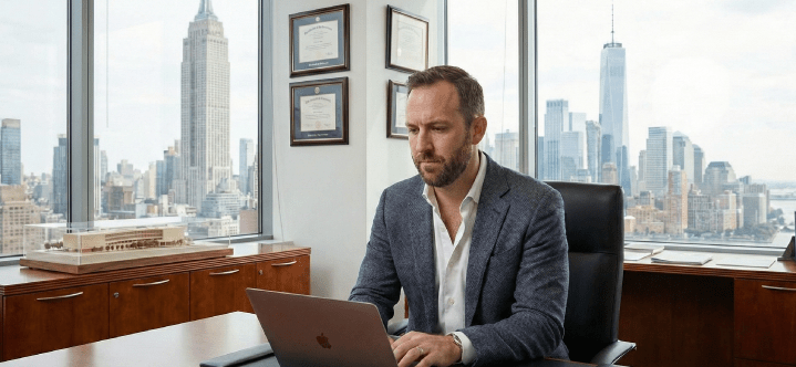 STEM professional working in a U.S. office overlooking New York City, representing immigration pathways, career planning, and opportunities for international scientists and engineers