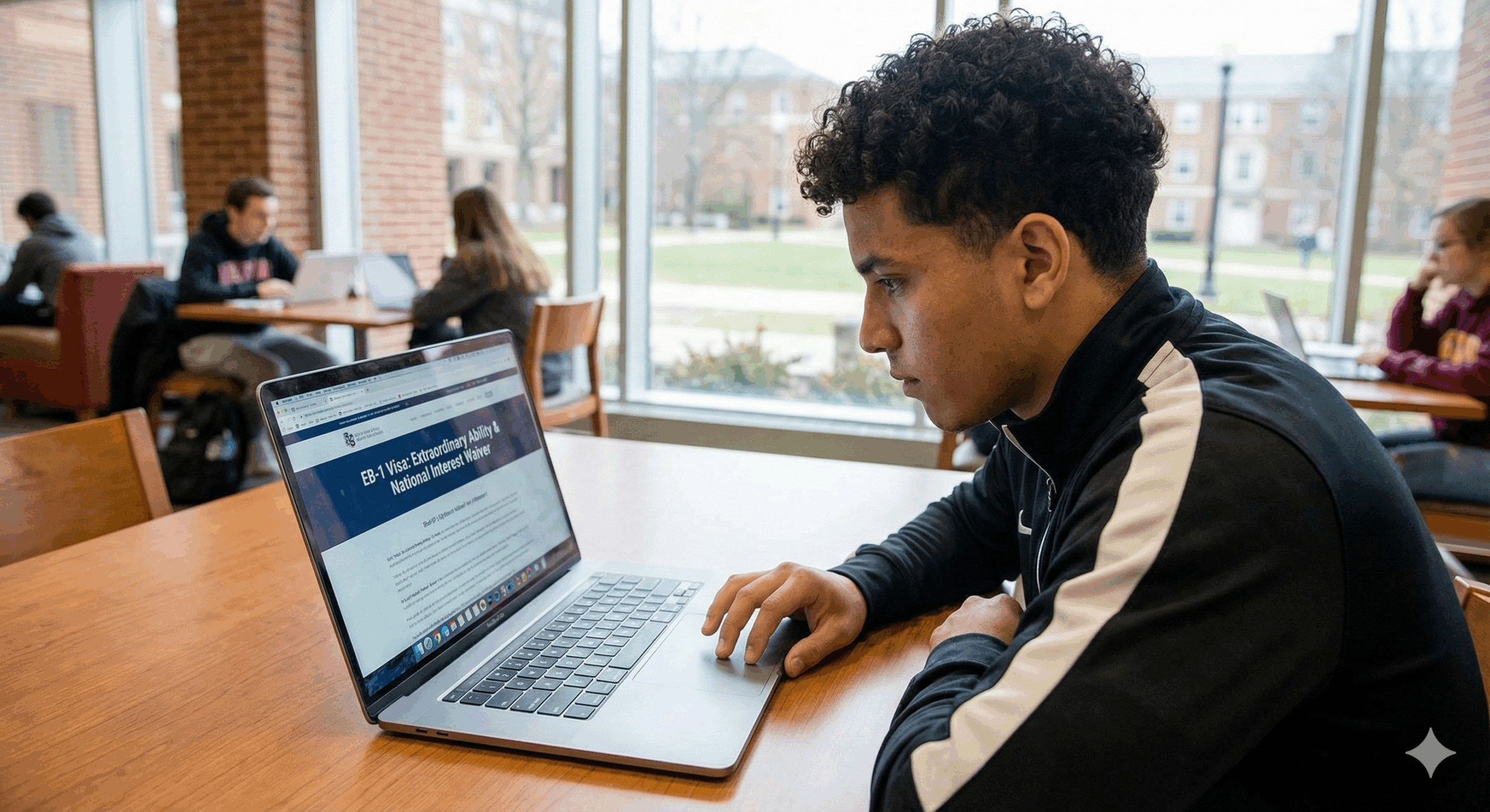 Young professional researching EB-1 extraordinary ability and U.S. immigration options on a laptop