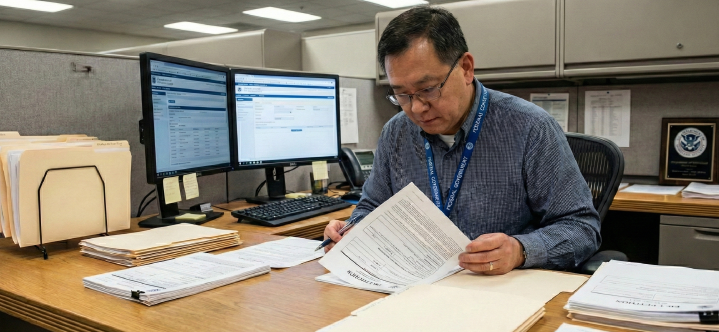 A man in an office reviews documents for an Eb-1 green card application, with a framed national award certificate visible on the desk behind him.