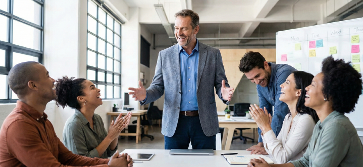 A confident senior executive stands at the head of a conference table receiving applause from his team, illustrating the 'leading or critical role' criterion within a distinguished organization for an EB-1A visa application.