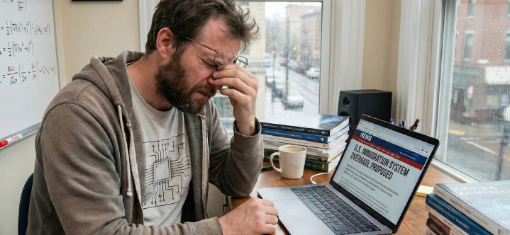 A stressed STEM professional rubs his eyes while reading a news article on his laptop titled 'U.S. Immigration System Overhaul Proposed' in an office with a whiteboard full of equations, illustrating the anxiety surrounding 2026 Green Card wait times.
